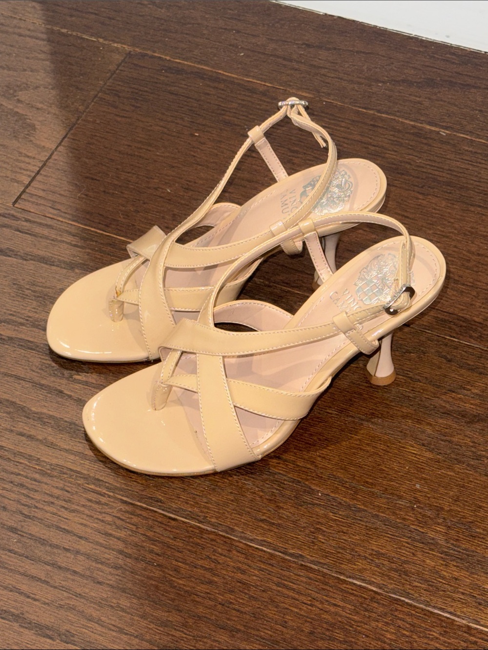 Vince Camuto Beige Patent Strappy Slingback Heeled Sandals Size 6.5